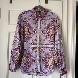 Ann Taylor Lavender Paisley-Print Button-Up Blouse Shirt Size Medium